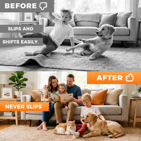 Comparison image showing rug slipping and shifting in 'Before', and securely in place with Heavy Duty Double Sided Carpet Tape 'After'