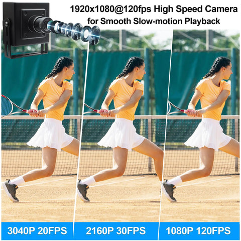 1920x1080 High Speed Camera capturing a tennis player in motion, showcasing smooth playback at 1080P 120fps, various resolution options