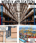 Beefy 6600 LB Forklift Jib Boom Crane Attachment With Extra Tough Steel Body and Hella Flexible 0 To 75 Degree Adjustable Tilt For Warehouse Factory Or Construction Lifting Hook in a warehouse setting.