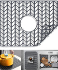 Gray silicone sink mat grid for kitchen sink protects glassware and stainless steel surfaces, 18.2 x 12.5 in, with curved edges.