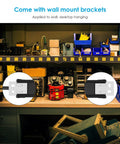 Heavy Duty Metal Power Strip With 16 Widely Spaced Outlets installed in workshop with wall mount brackets and tools around