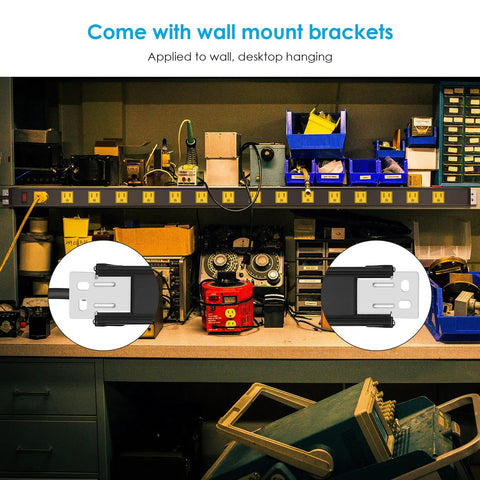 Heavy Duty Metal Power Strip With 16 Widely Spaced Outlets installed in workshop with wall mount brackets and tools around