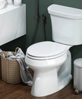 Top Shelf Molded Wood Toilet Seat Slow Close Lid High Gloss White Elongated Shape Quick Detach Hinges Zero Pinch Fingers Smooth Glide Routine Bathroom Refresh installed on toilet.