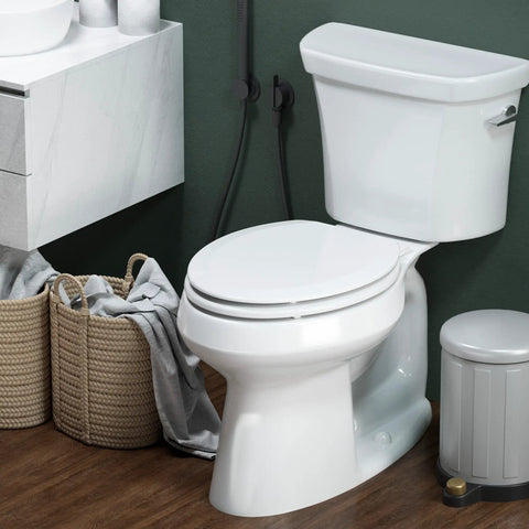 Top Shelf Molded Wood Toilet Seat Slow Close Lid High Gloss White Elongated Shape Quick Detach Hinges Zero Pinch Fingers Smooth Glide Routine Bathroom Refresh installed on toilet.
