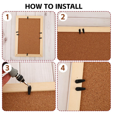 50-pack black metal picture frame backing clips with screws for hanging frames; installation steps collage.