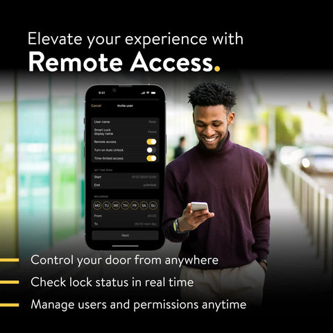 Slick Smart Deadbolt Lock With Keyless Entry, No Sweat App Control, Auto Lock, Fingerprint And Passcode Access, Alexa And Google Compatible, Straight Up Quick Install No Drilling, user managing remote access on smartphone.