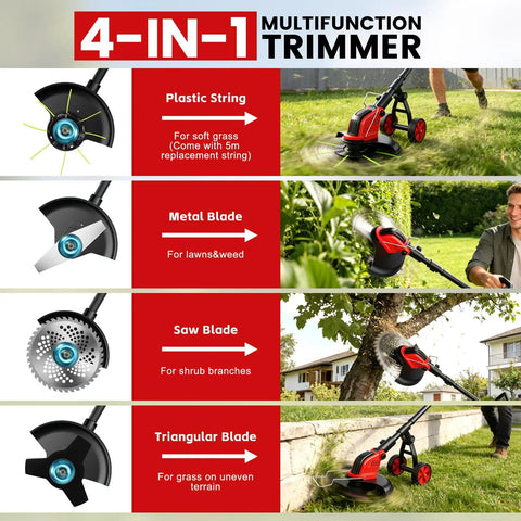Cordless 12 Inch Weed Wacker With Wheels 21V 2x3000mAh Battery 800W Brushless Motor 4 Blade Types 20000 RPM Grass Trimmer, 4-in-1 blades