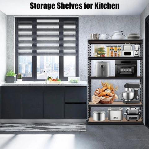 Heavy Duty Metal Storage Shelves 48 x 24 x 72 In Five Tier Adjustable Rack For Garage, Kitchen And Warehouse Ultra Sturdy Versatile Shelving Unit That Grows With Your Stuff. Black steel kitchen shelf with appliances