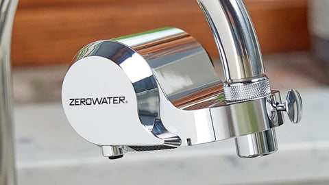 Chrome Faucet Mount Water Filter With WQA Certified PFOA PFOS And Chlorine Reduction attached to a kitchen faucet