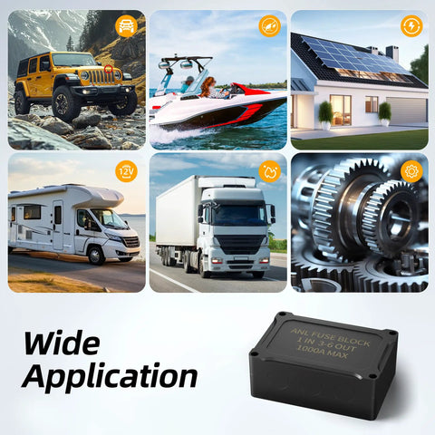 ANL Fuse Holder Includes 300A 400A 500A Fuses Max 1000A Waterproof Fuse Block near vehicles and equipment for versatile use.