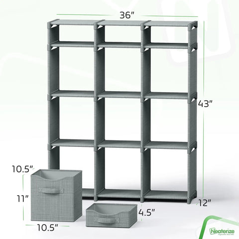 Must Have 12 Cube Storage Organizer With Bins Included For Toy Organization Closet And Clothes All In One Grey Cube System 36 Inch High Cabinet With 9 Large Cubes And 3 Small Cubes Easy Assembly, showing grey storage unit dimensions with bins