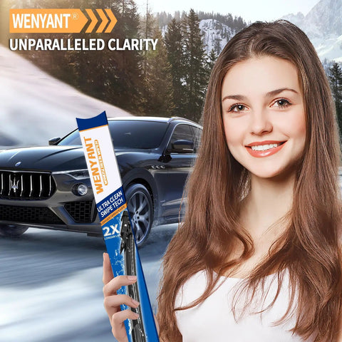 Woman holding WENYANT wiper blade package in front of a car in snowy landscape, emphasizing clarity.