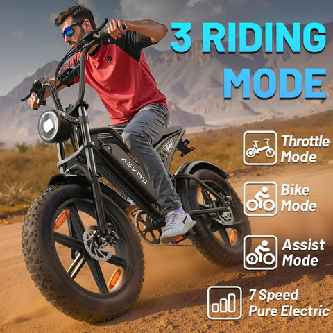 Person riding 20 Inch Fat Tire Electric Bike For Adults With 1500 Watt Peak Motor Removable 48V 15Ah Battery in desert terrain
