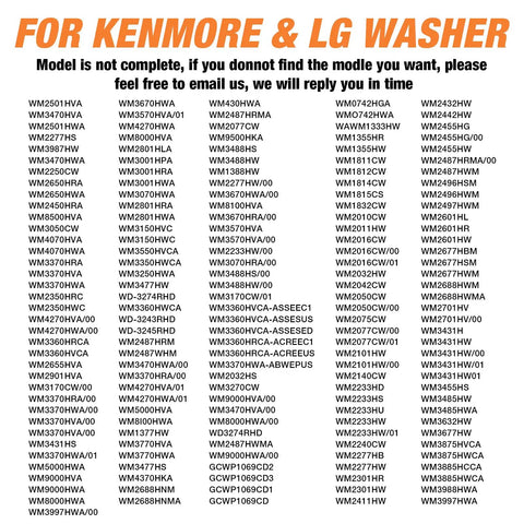 List of models for Kenmore & LG washers including WM series and compatibility details.