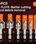 Durable M2 Cobalt HSS Countersink Drill Bit Set, 6 Pieces, One Quarter Inch Quick Change Hex Shank arranged vertically