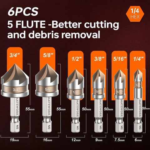 Durable M2 Cobalt HSS Countersink Drill Bit Set, 6 Pieces, One Quarter Inch Quick Change Hex Shank arranged vertically