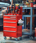 Magnetic Aerosol Can Holder For Garage And Workshop, fitted on red toolbox, holds at least three 3-inch cans, steel construction