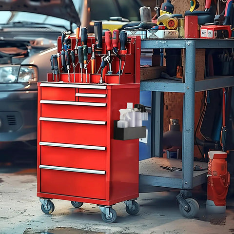Magnetic Aerosol Can Holder For Garage And Workshop, fitted on red toolbox, holds at least three 3-inch cans, steel construction