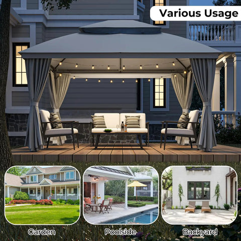 Outdoor Gazebo 10 By 13 Ft With Double Roof And Mosquito Netting Built Tough Metal Frame Canopy UV Resistant Waterproof Top Curtains