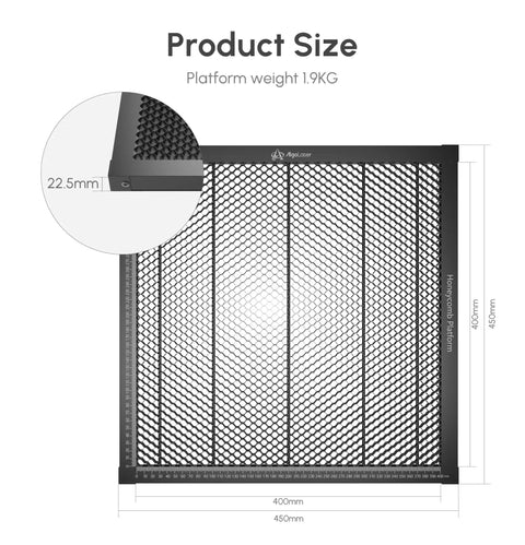 Aluminum Honeycomb Laser Bed 450x450mm for laser engravers and cutters, with 22.5mm thickness and measurements shown in diagram