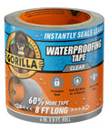 Clear Waterproof Patch And Seal Tape 4 Inch By 8 Foot, Permanent Weatherproof Repair Tape shown in packaging, 4in x 8ft roll.