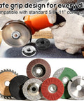2-Pack 5/8-11 Angle Grinder Flange Nuts Kit with discs and angle grinder in use, showing tool-free locking feature