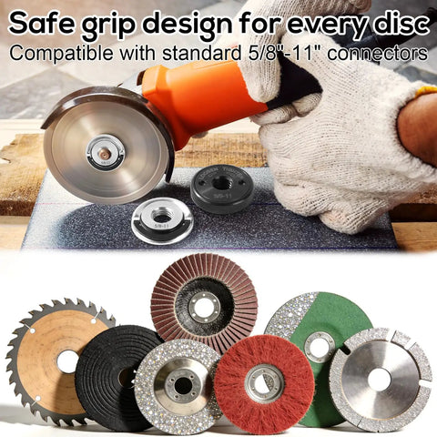 2-Pack 5/8-11 Angle Grinder Flange Nuts Kit with discs and angle grinder in use, showing tool-free locking feature