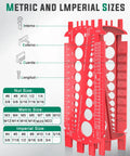 Quick Bolt Sizer Tool for Nuts and Bolts, Metric and SAE Gauge, red plastic measuring tool with size chart, front view