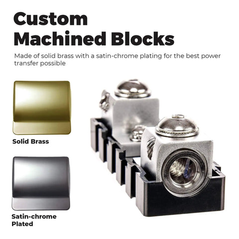 1/0 To 4 Gauge ANL Inline Fuse Block With Linkable Modular Design For Car And Marine Audio ANL Fuse Holder Built Beefy With Brass Construction And High Temp Housing For Ultimate Power Distribution, solid brass and satin-chrome plated