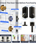 Top Shelf Fingerprint Smart Lock With Heavy Duty Lever Handles Set In Matte Black, size and installation guide chart.