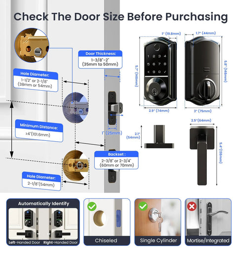 Top Shelf Fingerprint Smart Lock With Heavy Duty Lever Handles Set In Matte Black, size and installation guide chart.