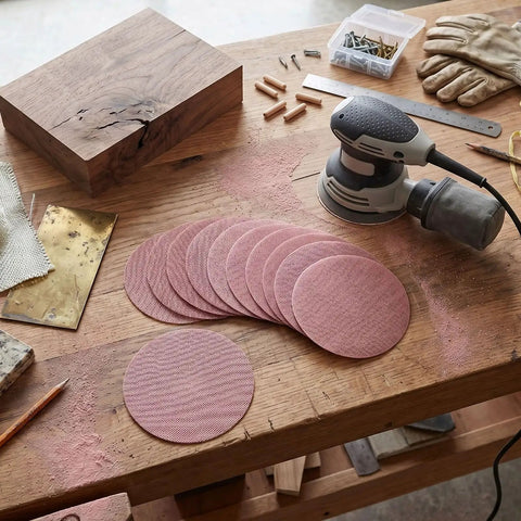 Super Cool 5 inch Mesh Sanding Discs With Hook And Loop Backing, 240 Grit Fine Aluminum Oxide For Wood and Metal Project Dust Free Set of 50 on a workbench.