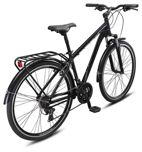 Rear view of Discover 2 Hybrid Bike With 700c Wheels And 21 Speed EZ Fire Shifters Lightweight Alloy Frame for city commutes.