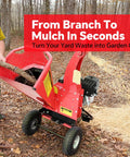 Gas Powered Wood Chipper Shredder Mulcher With 7 HP 212cc Engine 3 Blade Disc Cutter demonstrating branch mulching outdoors.