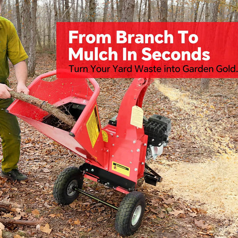 Gas Powered Wood Chipper Shredder Mulcher With 7 HP 212cc Engine 3 Blade Disc Cutter demonstrating branch mulching outdoors.