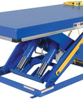 Built Different 6000 Lb Electric Hydraulic Lift Table 36 By 72 Inch showing blue welded steel construction and hydraulic mechanism.