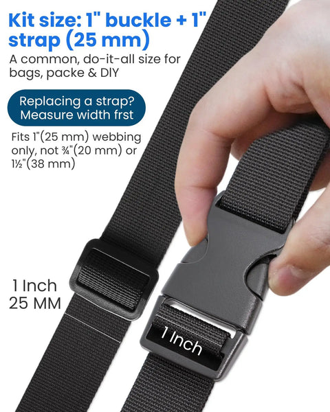 Beefed Up Heavy Duty 1 Inch Polyester Webbing Kit With Six Quick Release Buckles And Twelve Triglide Clips, close-up of buckle fastening