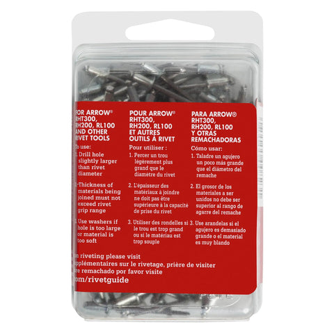 Short Steel Pop Rivets 1/8 Inch Diameter 100 Piece Set For Sheet Metal Leather Fabric And Auto Body Quick Fix Fasteners pack with instructions.