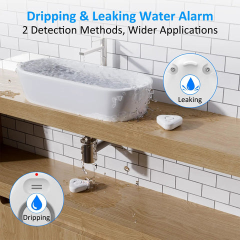 5 Pack Water Leak Detectors for Home With 4 Levels Audible Alarm 0 to 120 dB IP66 Water Sensor in kitchen near overflowing sink