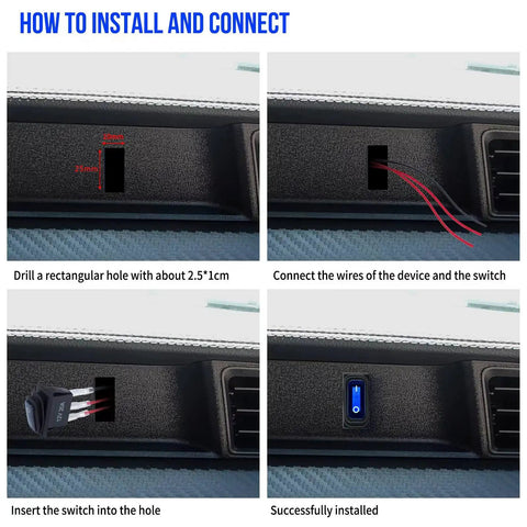 Installation steps for 12V Waterproof Rocker Switch Five Pack with Three 20 CM Detachable Wires SPST Three Pin On Off Toggle Snap In Square Design Blue LED Light Heavy Duty Build Ideal for Car Boat Marine RV Truck.