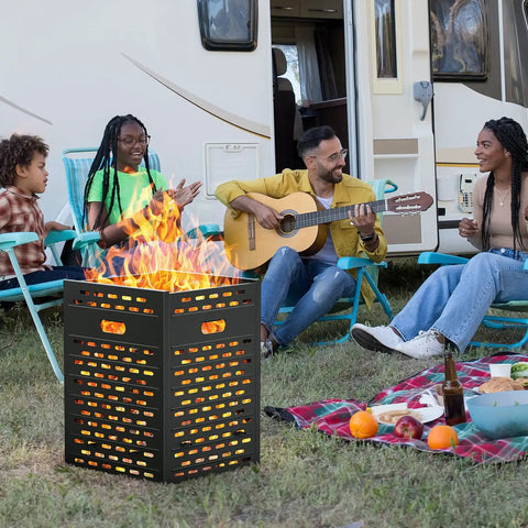 People enjoying a bonfire beside a camper with a Heavy Duty 63 Gallon Burn Barrel Fire Pit For Outdoors 30 Inch Incinerator Barrel