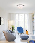 Living room with Totally Sleek Modern Flush Mount Ceiling Light With Brushed Nickel Drum Linen Shade 14 Inch LED Fixture
