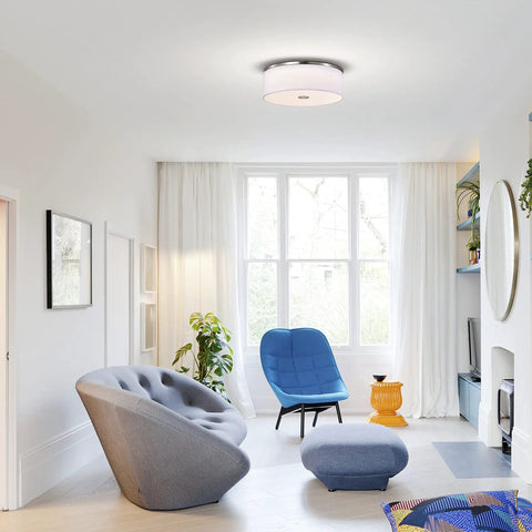 Living room with Totally Sleek Modern Flush Mount Ceiling Light With Brushed Nickel Drum Linen Shade 14 Inch LED Fixture