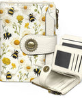 Floral Bee Small Wallet For Women With RFID Blocking Bifold Card Holder Zipper Coin Pocket PU Leather Cute Compact Travel Companion