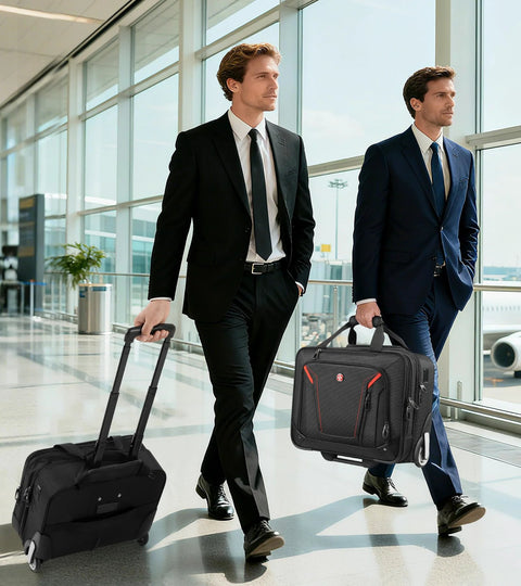 Black rolling luggage set side view: wheeled carry-on and rolling laptop bag with red accents.