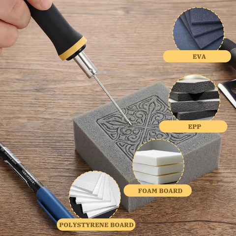 Two Piece Hot Wire Electric Foam Cutter Pen Kit With Dual Needles For EVA Board Carving shown with engraving