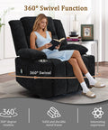Woman sitting on a 360 Degree Rotating Recliner With Massage And Heat Built In Cup Holder Manual Tilt Plush Fabric Black