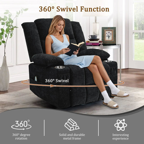 Woman sitting on a 360 Degree Rotating Recliner With Massage And Heat Built In Cup Holder Manual Tilt Plush Fabric Black