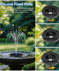 Solar Fountain Pump For Bird Bath With 3 Spray Height Adjustments in action showing all-in-one fixed rods design.