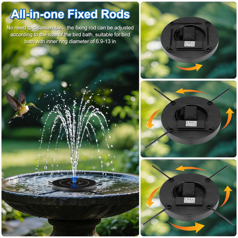 Solar Fountain Pump For Bird Bath With 3 Spray Height Adjustments in action showing all-in-one fixed rods design.